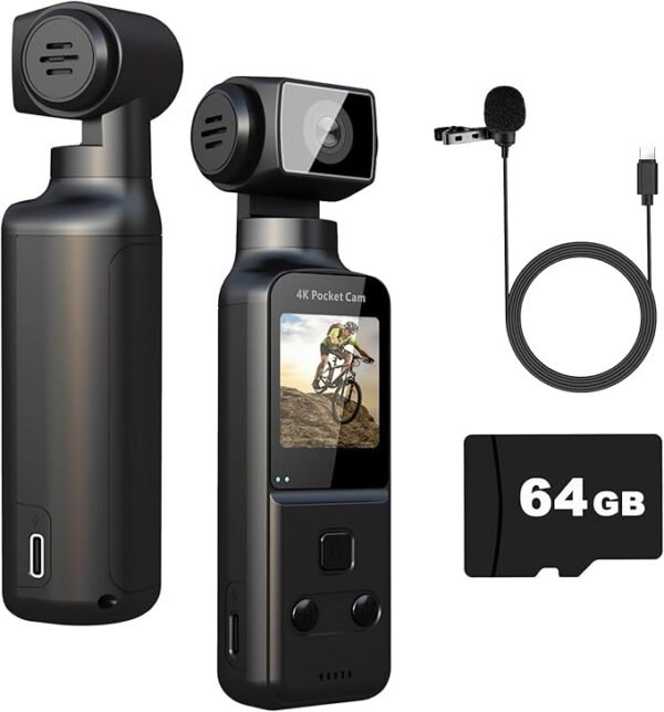 Caméra de Corps 4K avec Microphone Externe, Mini Vidéo et Audio Vlog Pocket Cam Rotation 270° Caméra pour Sport, Vélo, Voyage, Enregistreurs de Police, Civils Personnels, 64GB Inclus