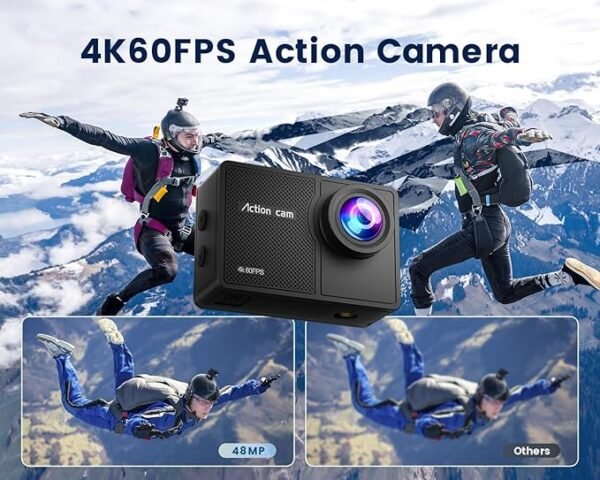 Caméra Sport 4K 60FPS avec Micro SD 64GB,8X Zoom 131ft Caméras Étanche,48MP Caméra d'action EIS,170° Camérasous-Marine Télécommande WiFi 2 * 1350 mAh Divers Accessoires