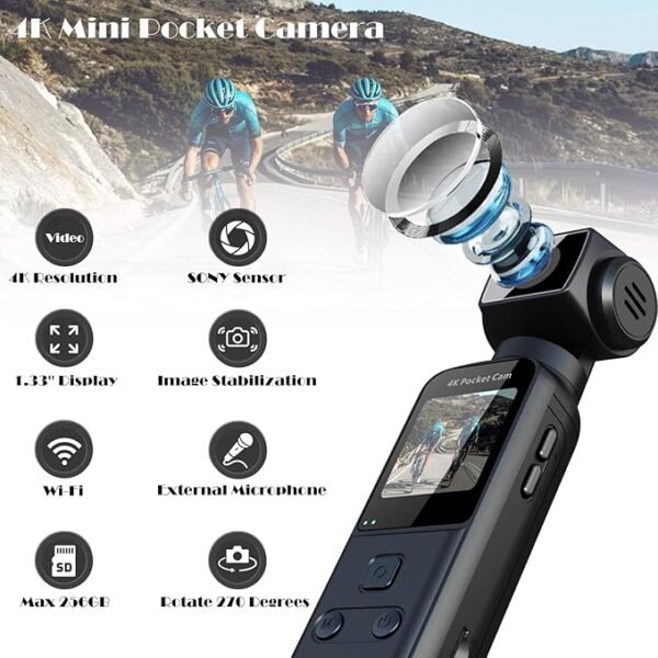 Caméra de Corps 4K avec Microphone Externe, Mini Vidéo et Audio Vlog Pocket Cam Rotation 270° Caméra pour Sport, Vélo, Voyage, Enregistreurs de Police, Civils Personnels, 64GB Inclus