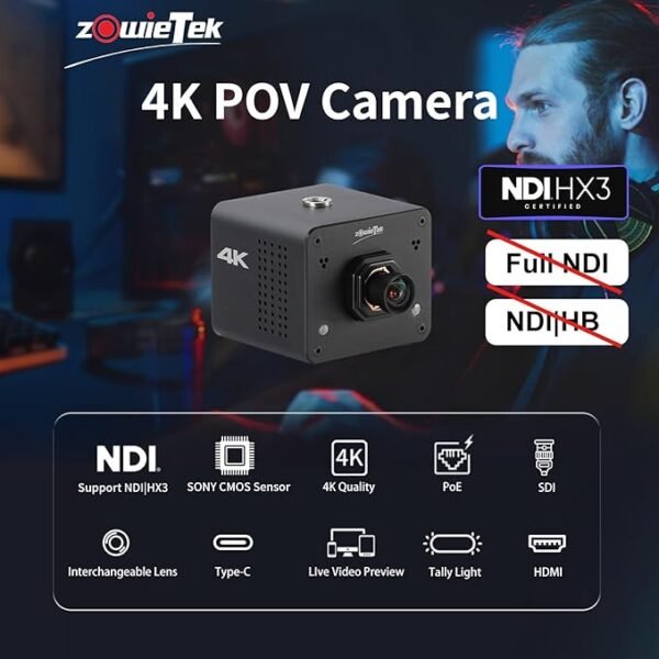 zowietek 4K NDI|HX3 Webcam PoE POV, ZowieCAM, Sortie HDMI et SDI, RTSP/RTMP(s)/SRT, Diffusion en Direct Autonome sur Youtube pour la Diffusion Web, Les réunions, l'enseignement et Les Jeux (M12 AF)