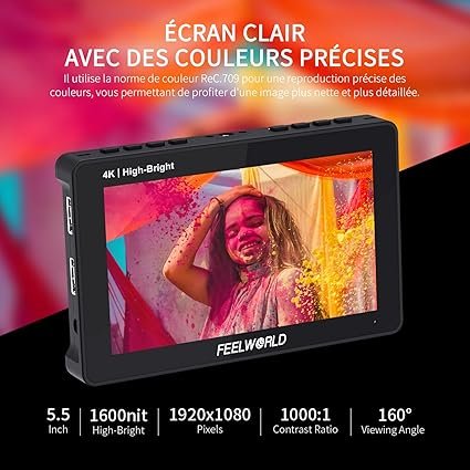 FEELWORLD F5PROX Caméra Moniteur de Terrain Écran Tactile 1600Nit 5,5 Pouces 4K HDMI DSLR Video Camera Monitor avec Batterie F750 Sacoche pour caméra Entrée de Type C 3DLUT Focus Peaking Histogramme
