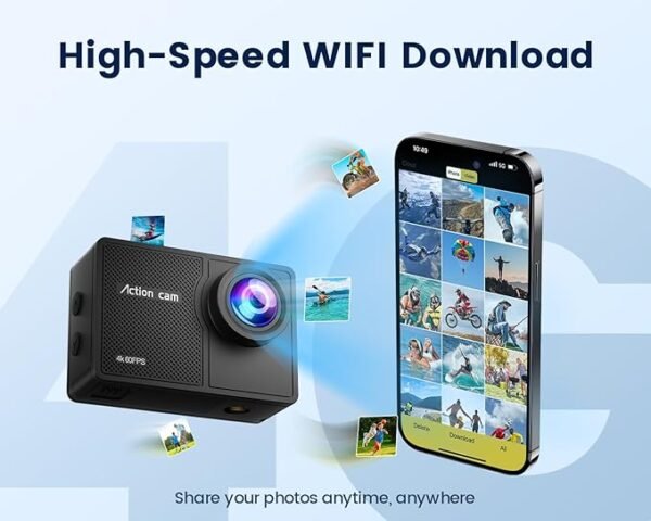 Caméra Sport 4K 60FPS avec Micro SD 64GB,8X Zoom 131ft Caméras Étanche,48MP Caméra d'action EIS,170° Camérasous-Marine Télécommande WiFi 2 * 1350 mAh Divers Accessoires