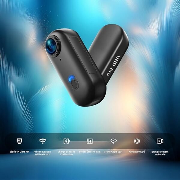 NinjaCam Mini Action Cam 4K WiFi, Caméra pour Casque de Moto, Caméscope pour Animaux de Compagnie, Caméra d'action Étanche Portable sans Fil pour Sports Extérieurs