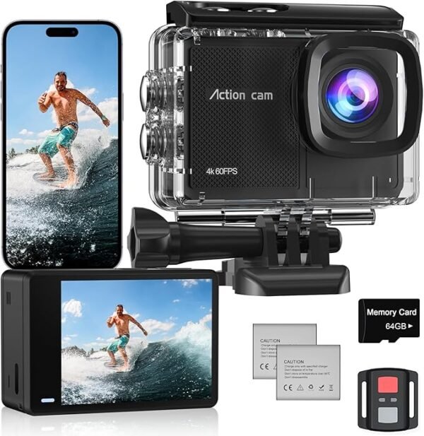 Caméra Sport 4K 60FPS avec Micro SD 64GB,8X Zoom 131ft Caméras Étanche,48MP Caméra d'action EIS,170° Camérasous-Marine Télécommande WiFi 2 * 1350 mAh Divers Accessoires