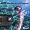 Caméra Sport 4K 60FPS avec Micro SD 64GB,8X Zoom 131ft Caméras Étanche,48MP Caméra d'action EIS,170° Camérasous-Marine Télécommande WiFi 2 * 1350 mAh Divers Accessoires